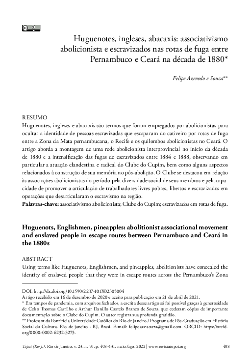 Huguenotes, ingleses, abacaxis: associativismo abolicionista e escravizados nas rotas de fuga entre Pernambuco e Ceará na década de 1880