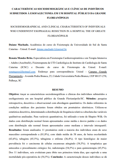 Características sociodemográficas e clínicas de indivíduos submetidos à esofagectomia em um hospital público da Grande Florianópolis