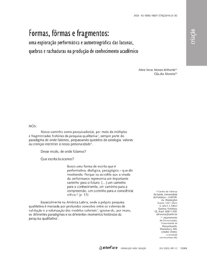Formas, fôrmas e fragmentos: uma exploração performática e autoetnográfica das lacunas, quebras e rachaduras na produção de conhecimento acadêmico