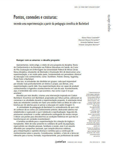 Pontos, conexões e costuras: tecendo uma experimentação a partir da pedagogia científica de Bachelard