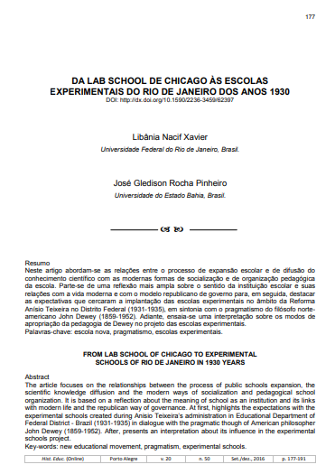 DA LAB SCHOOL DE CHICAGO ÀS ESCOLAS EXPERIMENTAIS DO RIO DE JANEIRO DOS ANOS 1930