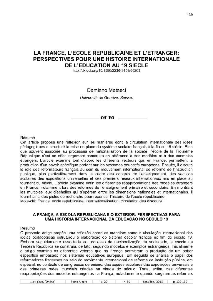 A FRANÇA, A ESCOLA REPUBLICANA E O EXTERIOR: PERSPECTIVAS PARA UMA HISTÓRIA INTERNACIONAL DA EDUCAÇÃO NO SÉCULO 19