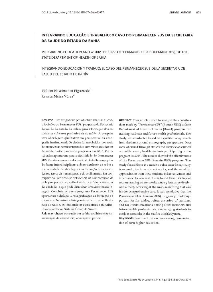 Integrando educação e trabalho: o caso do permanecer sus da secretaria da saúde do estado da Bahia