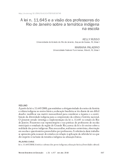 A lei n. 11.645 e a visão dos professores do Rio de Janeiro sobre a temática indígena na escola