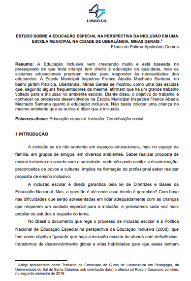 Estudo sobre a educação especial na perspectiva da inclusão em uma escola municipal da cidade de Uberlândia MG