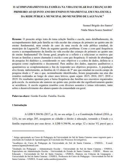 O acompanhamento da família na vida escolar das crianças do primeiro ao quinto ano do ensino fundamental em uma escola da rede pública municipal do município de Laguna/SC