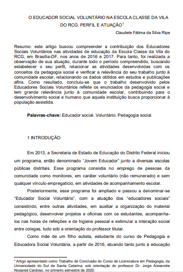 O educador social voluntário na Escola Classe da Vila do RCG: perfil e atuação