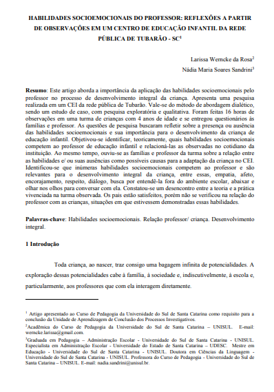 Habilidades socioemocionais do professor: reflexões a partir de observações em um centro de educação infantil da rede pública de Tubarão - SC