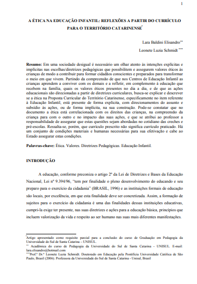A ética na educação infantil: reflexões a partir do currículo para o território catarinense