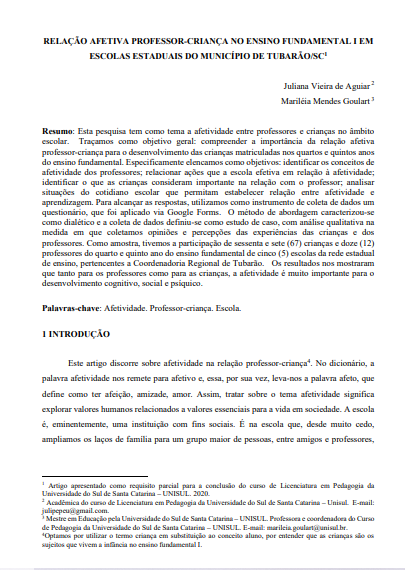 Relação afetiva professor-criança no ensino fundamental I em escolas estaduais do município de Tubarão/SC