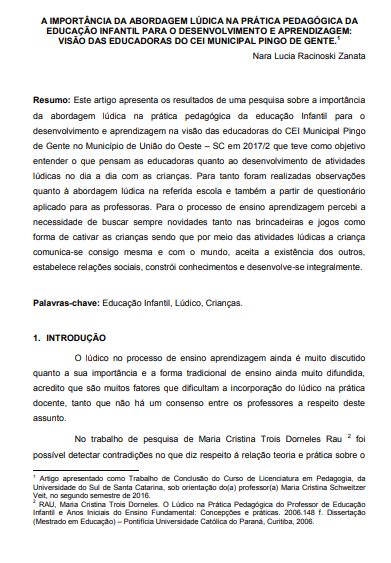 A importância da abordagem lúdica na prática pedagógica da educação infantil para o desenvolvimento e aprendizagem : visão das educadoras do CEI Municipal Pingo de Gente