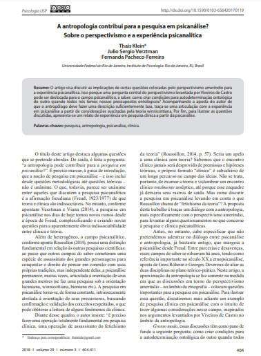 A antropologia contribui para a pesquisa em psicanálise? Sobre o perspectivismo e a experiência psicanalítica