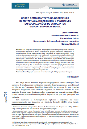 CORPO COMO CONTEXTO-DE-OCORRÊNCIA DE METAPRAGMÁTICAS SOBRE O PORTUGUÊS EM SOCIALIZAÇÕES DE ESTUDANTES MIGRANTES PARA O BRASIL