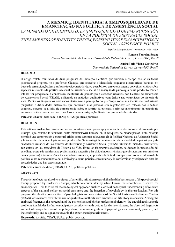 A MESMICE IDENTITÁRIA: A (IM)POSSIBILIDADE DE EMANCIPAÇÃO NA POLÍTICA DE ASSISTÊNCIA SOCIAL