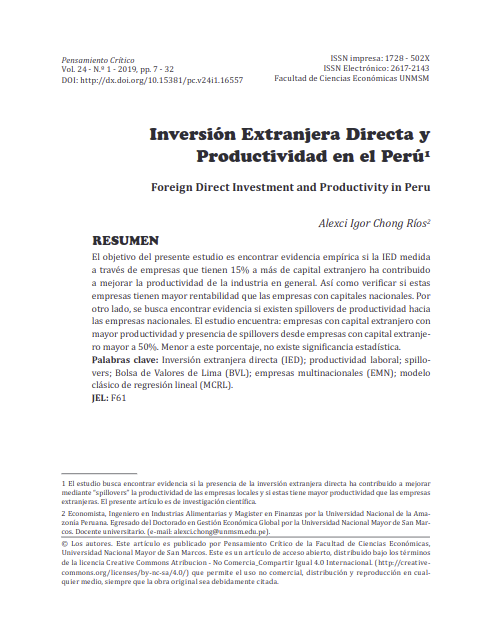 Inversión Extranjera Directa y Productividad en el Perú