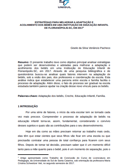 Estratégias para melhorar a adaptação e o acolhimento dos bebês em uma Instituição de Educação Infantil de Florianópolis -SC