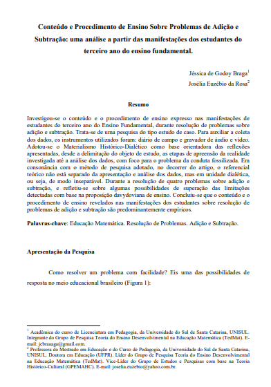 Conteúdo e procedimento de ensino sobre problemas de adição e subtração: uma análise a partir das manifestações dos estudantes do terceiro ano do ensino fundamental