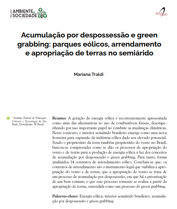 Acumulação por despossessão e green grabbing: parques eólicos, arrendamento e apropriação de terras no semiárido