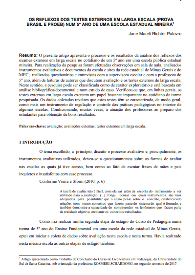 Os reflexos dos testes externos em larga escala (Prova Brasil e PROEB) num 5° ano de uma escola estadual mineira