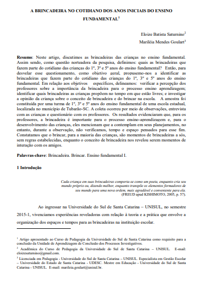 A brincadeira no cotidiano dos anos iniciais do ensino fundamental