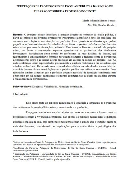 Percepções de professores de escolas públicas da região de Tubarão/SC sobre a profissão docente