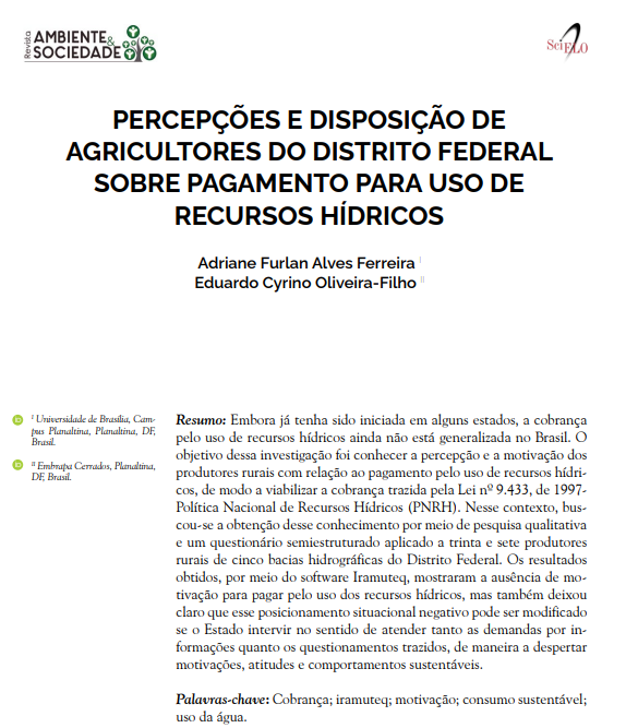 PERCEPÇÕES E DISPOSIÇÃO DE AGRICULTORES DO DISTRITO FEDERAL SOBRE PAGAMENTO PARA USO DE RECURSOS HÍDRICOS