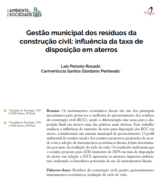 Gestão municipal dos resíduos da construção civil: influência da taxa de disposição em aterros