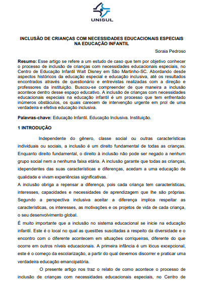 Inclusão de crianças com necessidades educacionais especiais na educação infantil