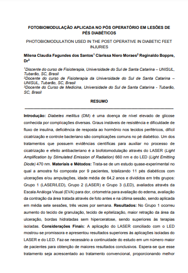 Fotobiomodulação aplicada no pós operatório em lesões de pés diabéticos