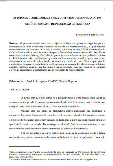 Estudo de viabilidade da Erika com K bolos: modelando um negócio no ramo de prestação de serviços