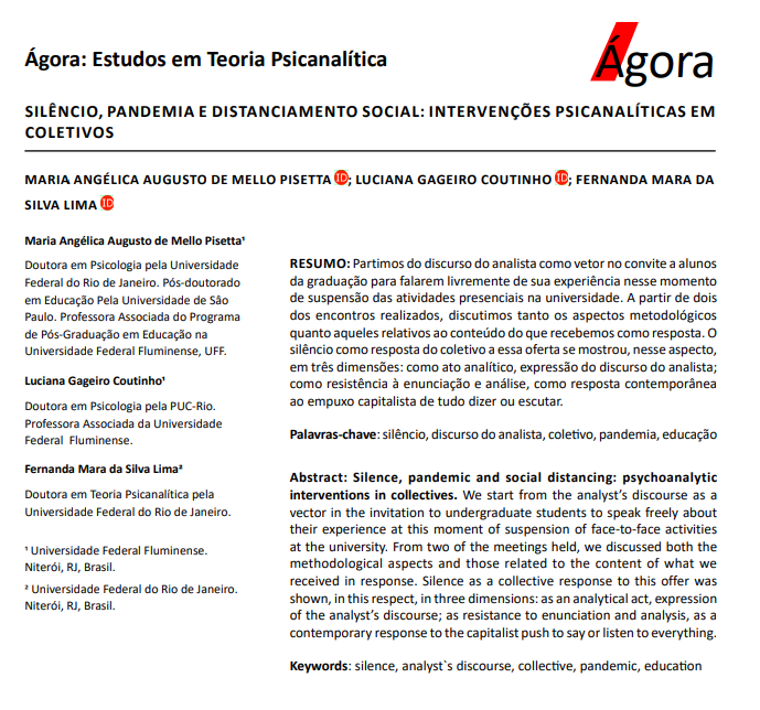 SILÊNCIO, PANDEMIA E DISTANCIAMENTO SOCIAL: INTERVENÇÕES PSICANALÍTICAS EM COLETIVOS