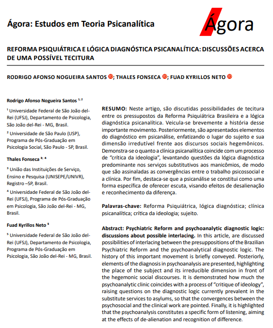 REFORMA PSIQUIÁTRICA E LÓGICA DIAGNÓSTICA PSICANALÍTICA: DISCUSSÕES ACERCA DE UMA POSSÍVEL TECITURA