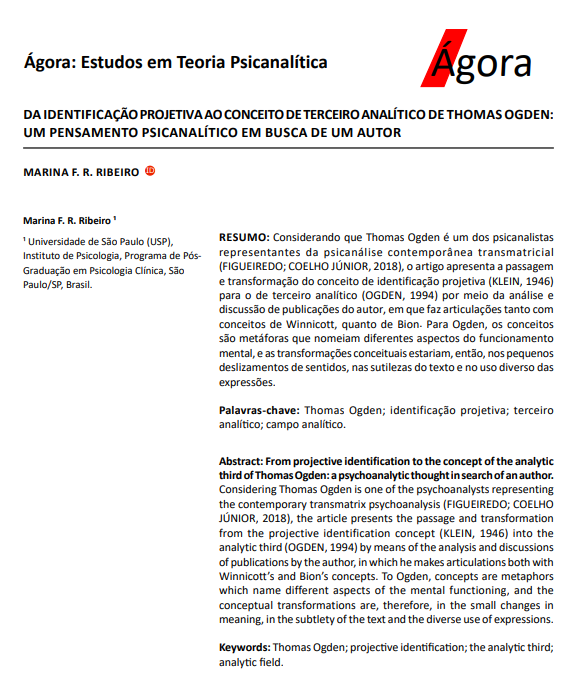 DA IDENTIFICAÇÃO PROJETIVA AO CONCEITO DE TERCEIRO ANALÍTICO DE THOMAS OGDEN: UM PENSAMENTO PSICANALÍTICO EM BUSCA DE UM AUTOR