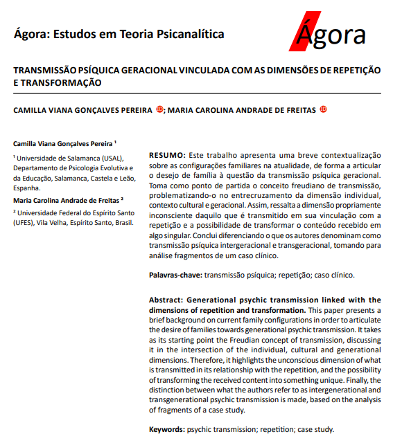 TRANSMISSÃO PSÍQUICA GERACIONAL VINCULADA COM AS DIMENSÕES DE REPETIÇÃO E TRANSFORMAÇÃO