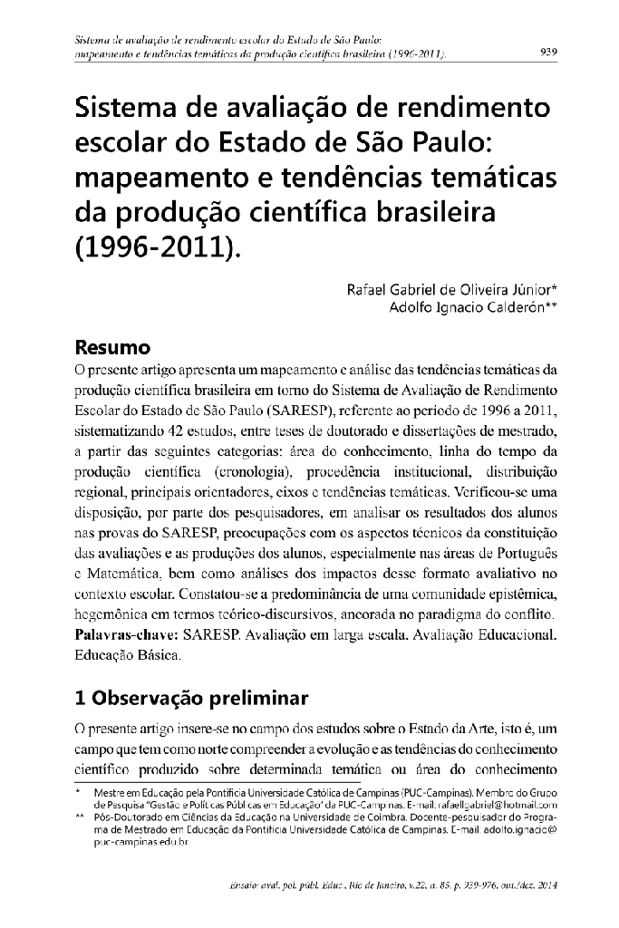 Sistema de avaliação de rendimento escolar do estado de São Paulo: mapeamento e tendências temáticas da produção científica brasileira (1996-2011)