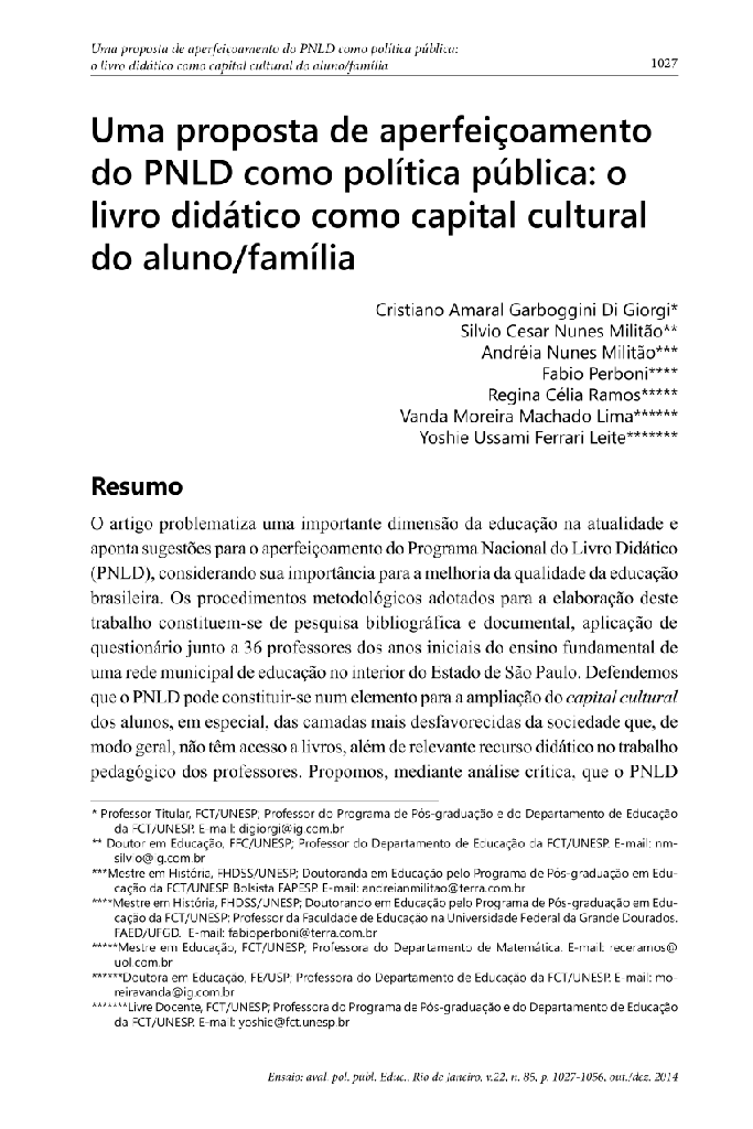 Uma proposta de aperfeiçoamento do PNLD como política pública: o livro didático como capital cultural do aluno/família