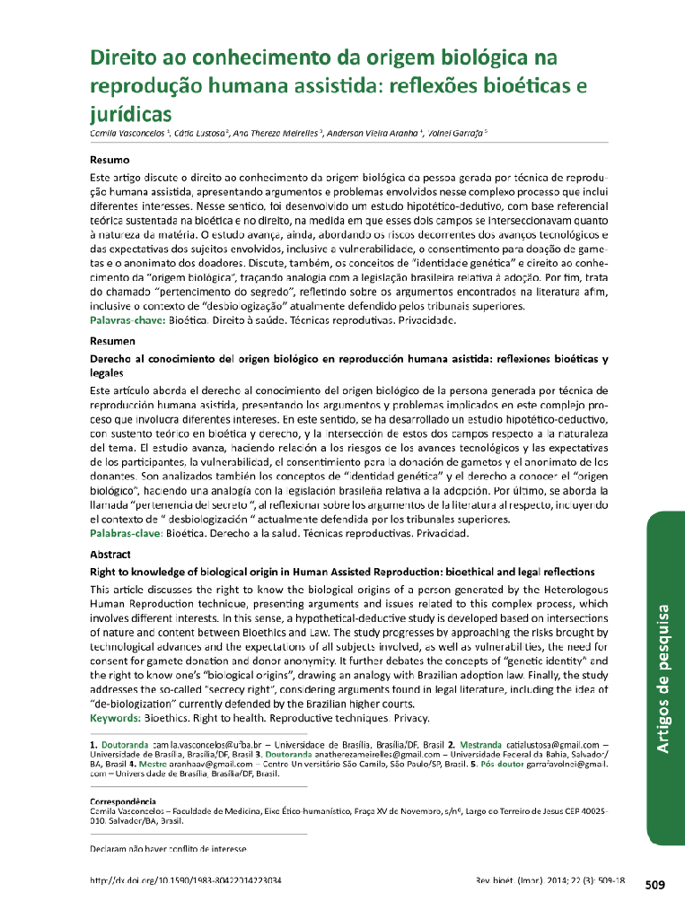 Direito ao conhecimento da origem biológica na reprodução humana assistida: reflexões bioéticas e jurídicas