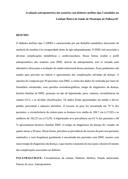 Avaliação antropométrica dos usuários com diabetes mellitus tipo 2 atendidos na Unidade Básica de Saúde do município de Palhoça/SC