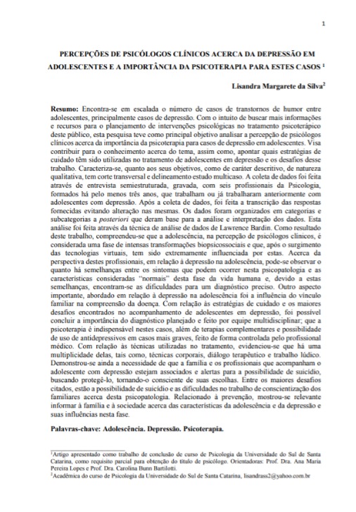 Percepções de psicólogos clínicos acerca da depressão em adolescentes e a importância da psicoterapia para estes casos