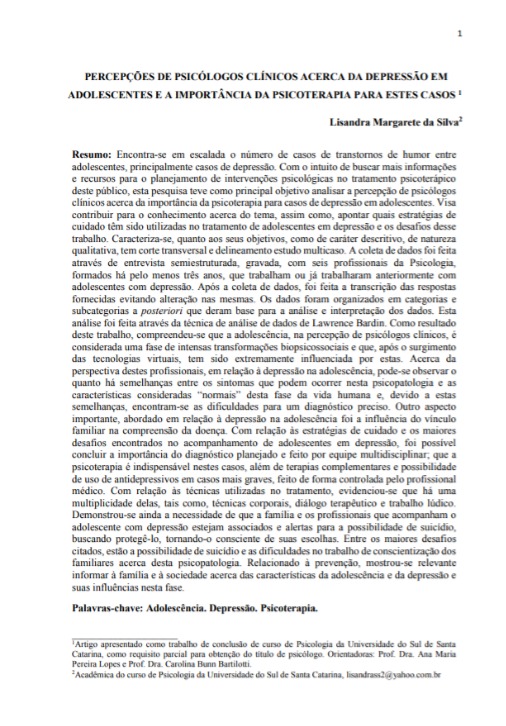 Percepções de psicólogos clínicos acerca da depressão em adolescentes e a importância da psicoterapia para estes casos