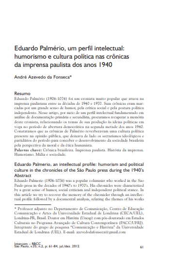 Eduardo Palmério, um perfil intelectual: humorismo e cultura política nas crônicas da imprensa paulista dos anos 1940