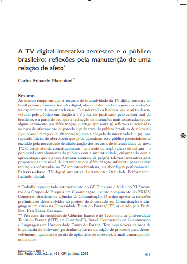 A TV digital interativa terrestre e o público brasileiro: reflexões pela manutenção de uma relação de afeto