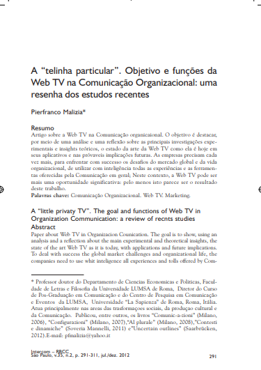 A &quot;telinha particular&quot;. Objetivo e funções da Web TV na Comunicação Organizacional: uma resenha dos estudos recentes