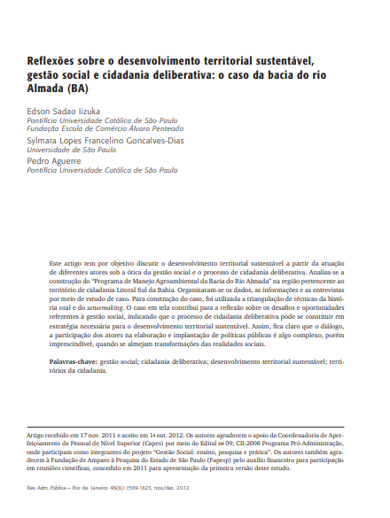 Reflexões sobre o desenvolvimento territorial sustentável, gestão social e cidadania deliberativa: o caso da bacia do rio Almada (BA)