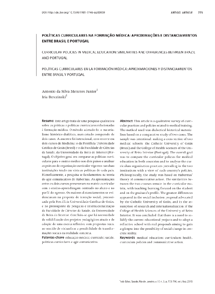 POLÍTICAS CURRICULARES NA FORMAÇÃO MÉDICA: APROXIMAÇÕES E DISTANCIAMENTOS ENTRE BRASIL E PORTUGAL