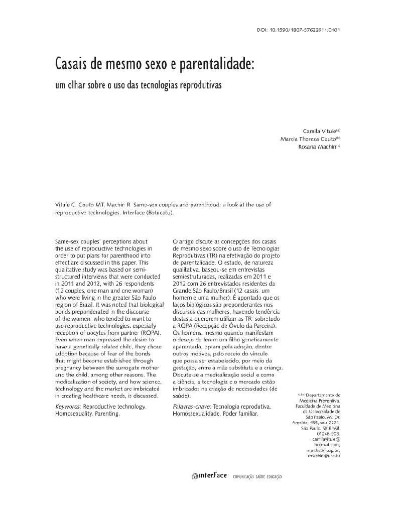 Casais de mesmo sexo e parentalidade: um olhar sobre o uso das tecnologias reprodutivas