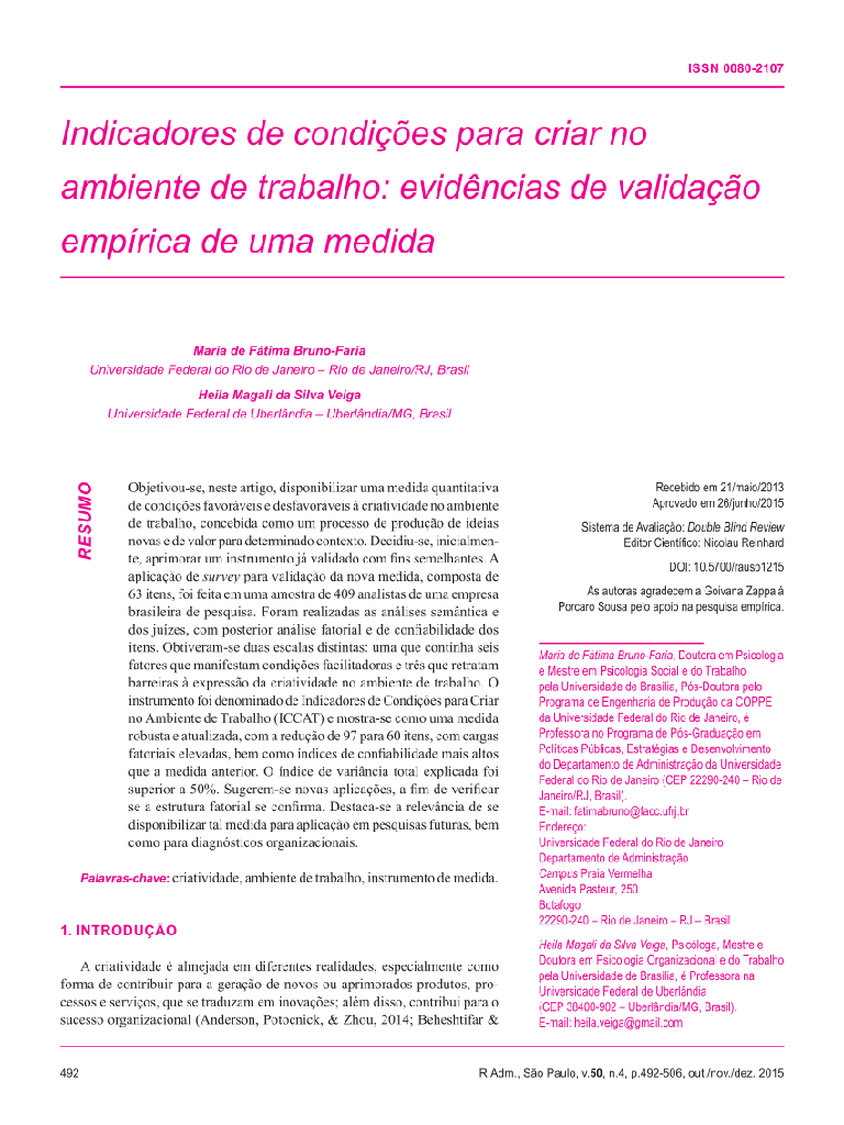 Indicadores de condições para criar no ambiente de trabalho: evidências de validação empírica de uma medida