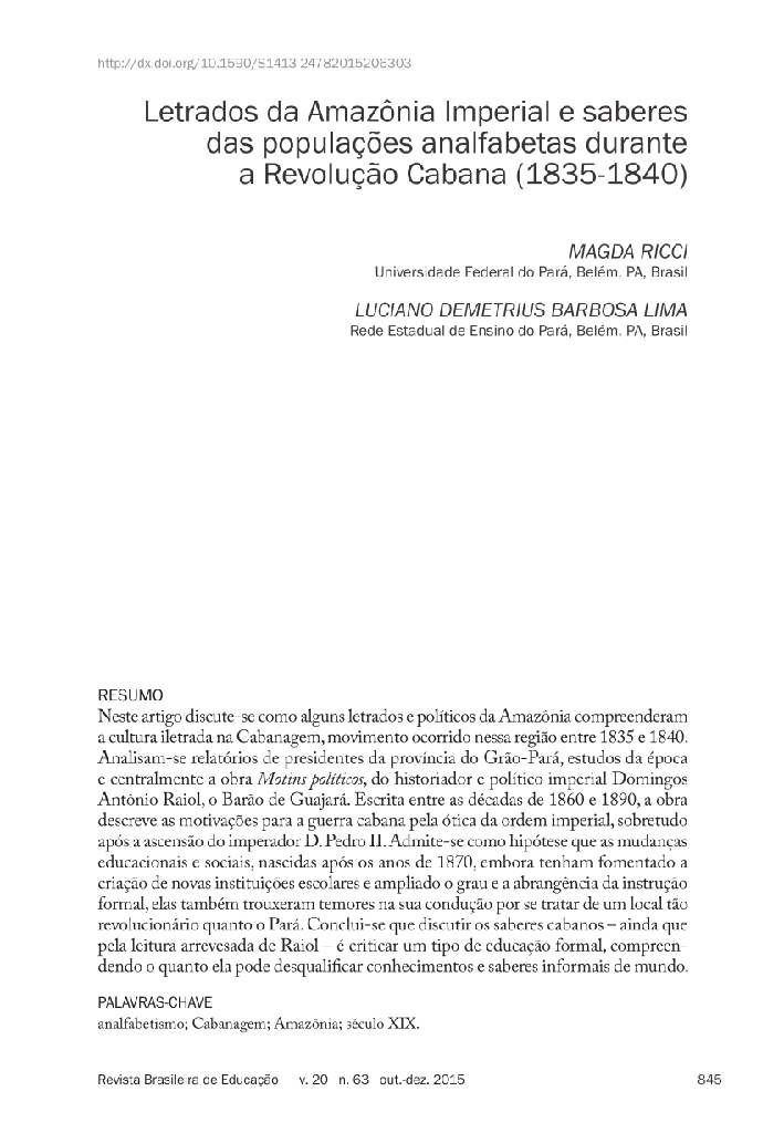 Letrados da Amazônia Imperial e saberes das populações analfabetas durante a Revolução Cabana (1835-1840)