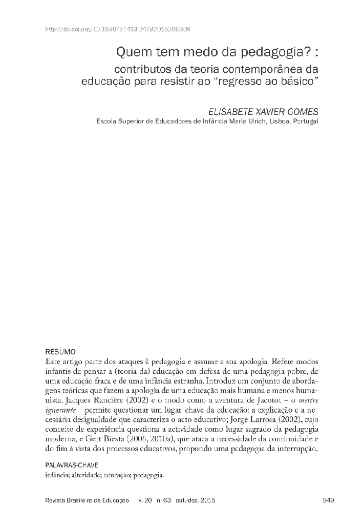 Quem tem medo da pedagogia?: contributos da teoria contemporânea da educação para resistir ao &quot;regresso ao básico&quot;