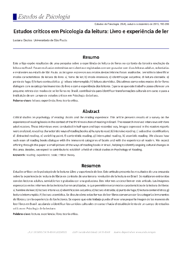 Estudos críticos em Psicologia da leitura: Livro e experiência de ler